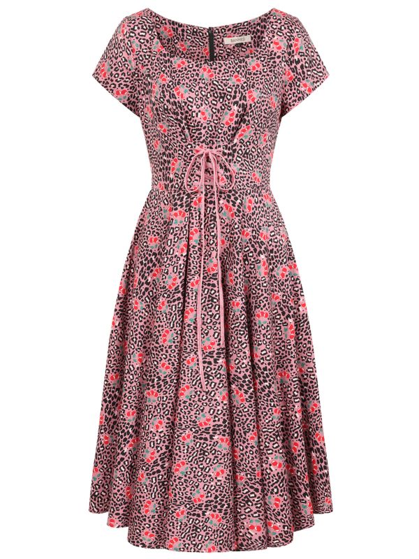 Banned Lola Cherry Leopard Swing Dress - 50s Style Animal Print Fruit Circle Dress-Pink