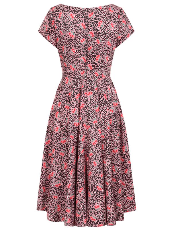 Banned Lola Cherry Leopard Swing Dress - 50s Style Animal Print Fruit Circle Dress-Pink