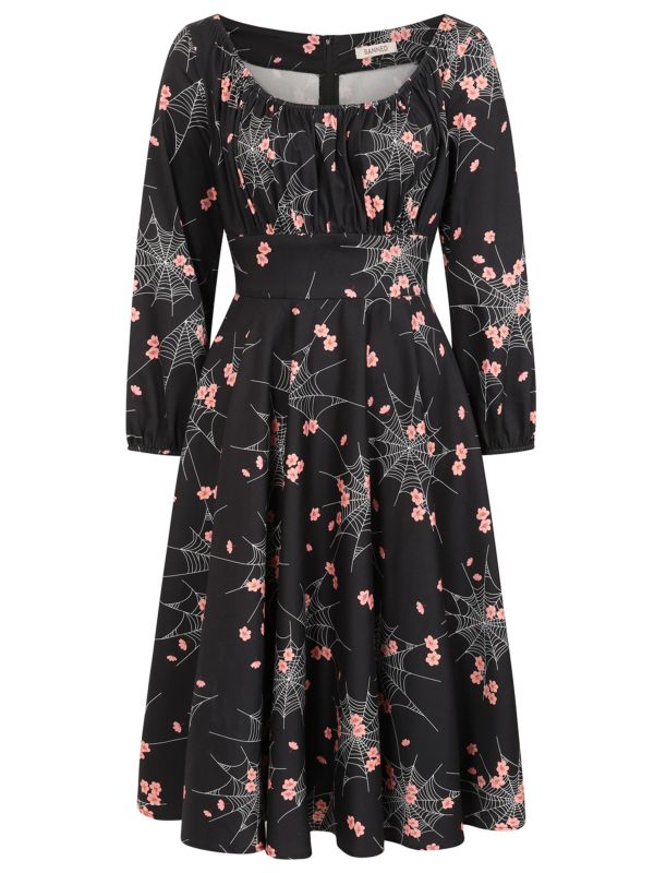 Banned Mina Spiderweb Blossom Swing Dress - 50s Style Floral Gothic Circle Dress-Black