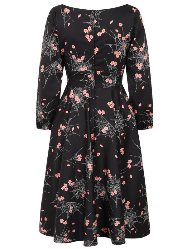 Banned Mina Spiderweb Blossom Swing Dress - 50s Style Floral Gothic Circle Dress-Black