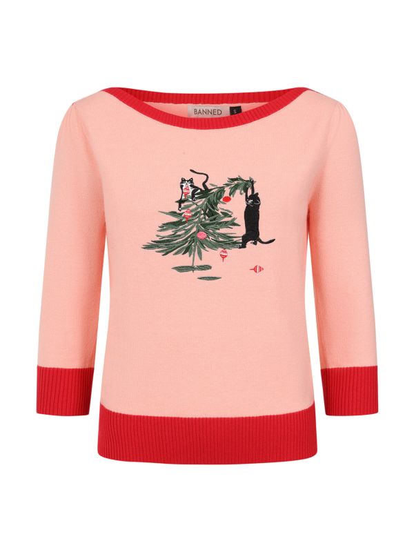 Banned Kiki Purrfect Christmas Jumper - 50s Style Cat Embroidered Sweater-Pink