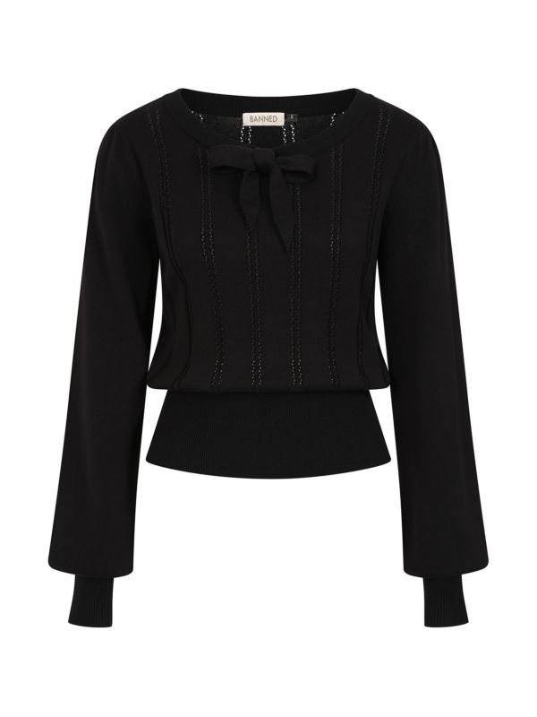 Banned Angel 40s Pointelle Knit Jumper - Crew Neck Pussy Bow Balloon Sleeve Sweater-Black