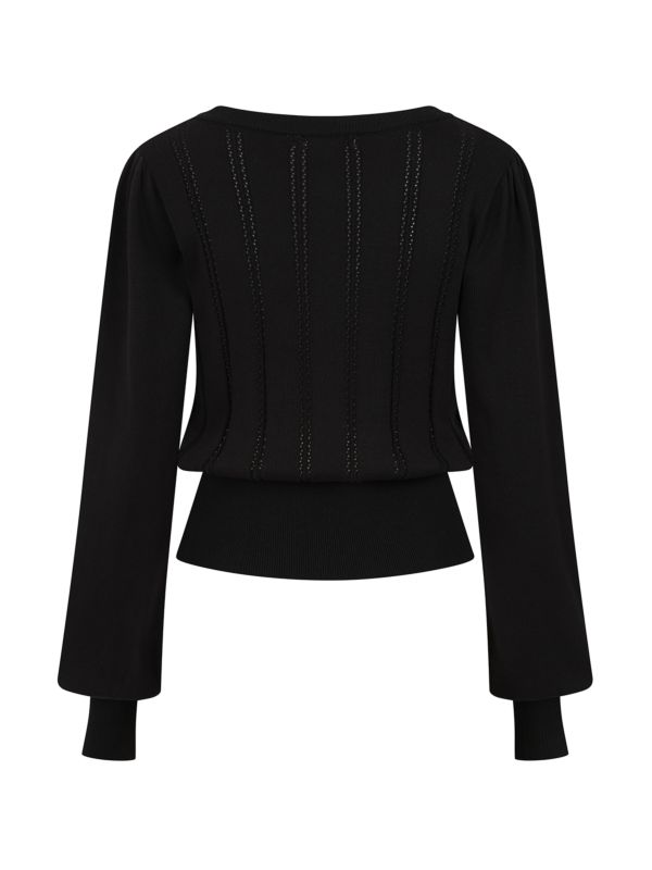 Banned Angel 40s Pointelle Knit Jumper - Crew Neck Pussy Bow Balloon Sleeve Sweater-Black