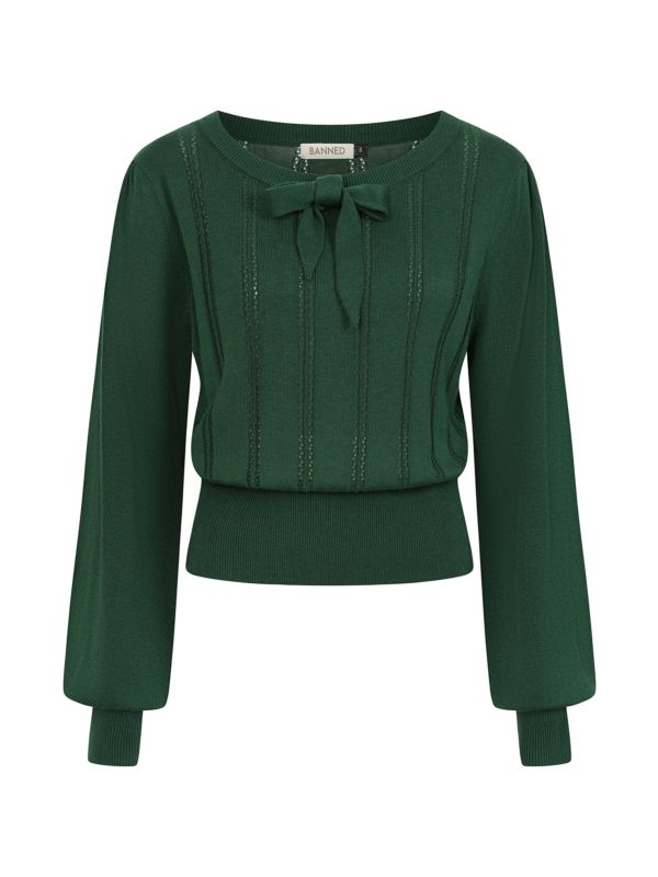 Banned Angel 40s Pointelle Knit Jumper - Crew Neck Pussy Bow Balloon Sleeve Sweater-Bottle Green