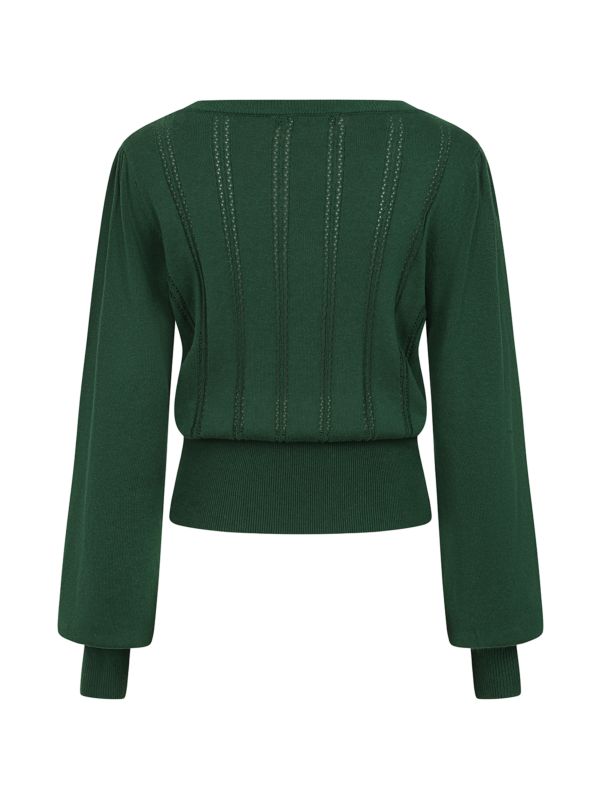 Banned Angel 40s Pointelle Knit Jumper - Crew Neck Pussy Bow Balloon Sleeve Sweater-Bottle Green