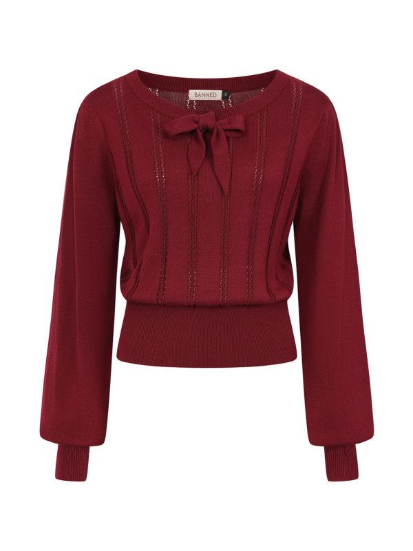 Banned Angel 40s Pointelle Knit Jumper - Crew Neck Pussy Bow Balloon Sleeve Sweater-Burgundy