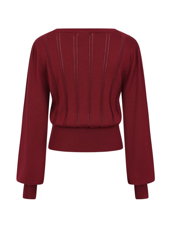 Banned Angel 40s Pointelle Knit Jumper - Crew Neck Pussy Bow Balloon Sleeve Sweater-Burgundy