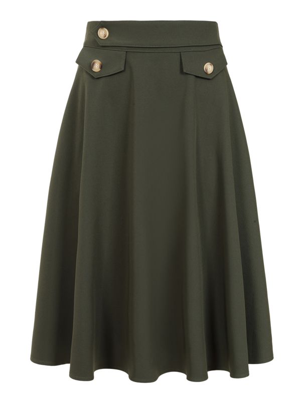 Banned Retro Book Club Swing Skirt with Button and faux flap pocket details-Green