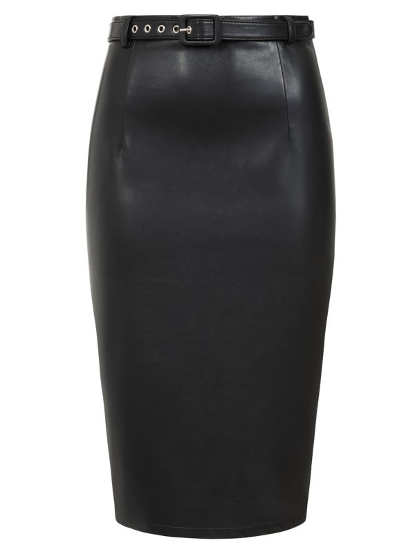 Banned Ada PU Pencil Skirt - 50s Style Secretary Vegan Leather Skirt-Black