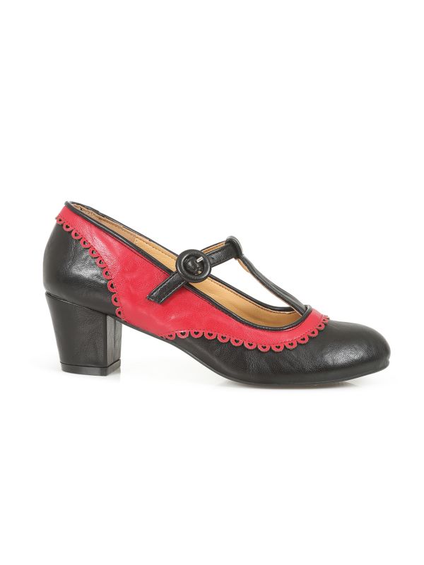 Vintage Voyager Banned Pumps - Retro-Inspired T-Strap Two-Tone Mary Janes With Distressed PU Upper-Red/Black
