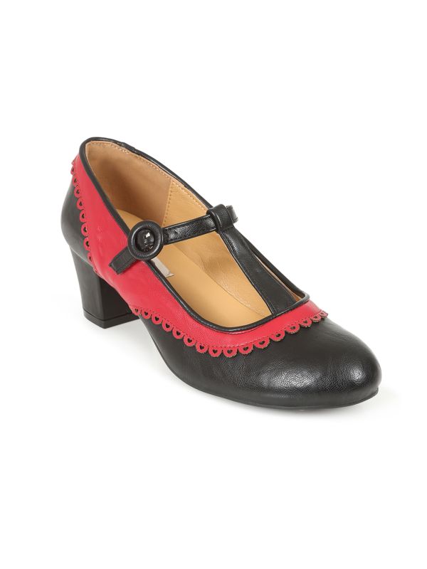 Vintage Voyager Banned Pumps - Retro-Inspired T-Strap Two-Tone Mary Janes With Distressed PU Upper-Red/Black