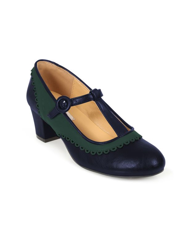 Vintage Voyager Banned Pumps - Retro-Inspired T-Strap Two-Tone Mary Janes With Distressed PU Upper-Navy/Green