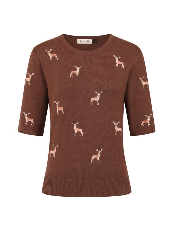 1950's Banned Ruby Sweet Deer Jumper - Vintage Style Reindeer Pattern Knit Sweater-Brown