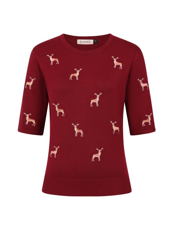 1950's Banned Ruby Sweet Deer Jumper - Vintage Style Reindeer Pattern Knit Sweater-Burgundy
