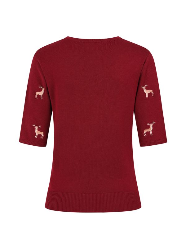 1950's Banned Ruby Sweet Deer Jumper - Vintage Style Reindeer Pattern Knit Sweater-Burgundy