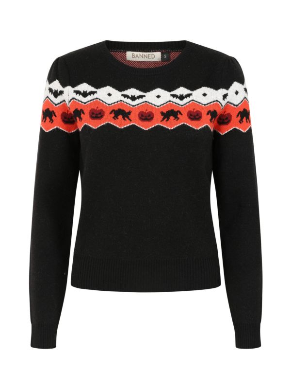 Banned Cindy Halloween Cat Jumper - Retro Style Pumpkin Fair Isle Sweater-Black