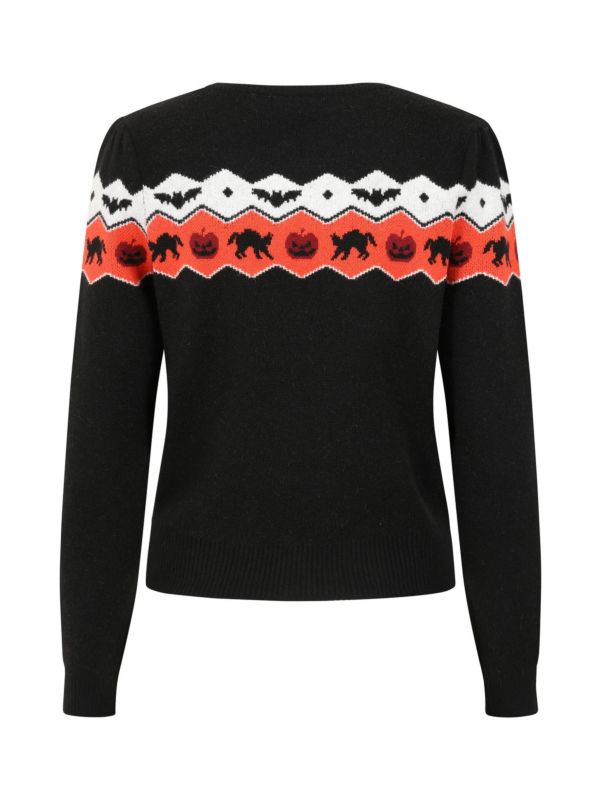 Banned Cindy Halloween Cat Jumper - Retro Style Pumpkin Fair Isle Sweater-Black