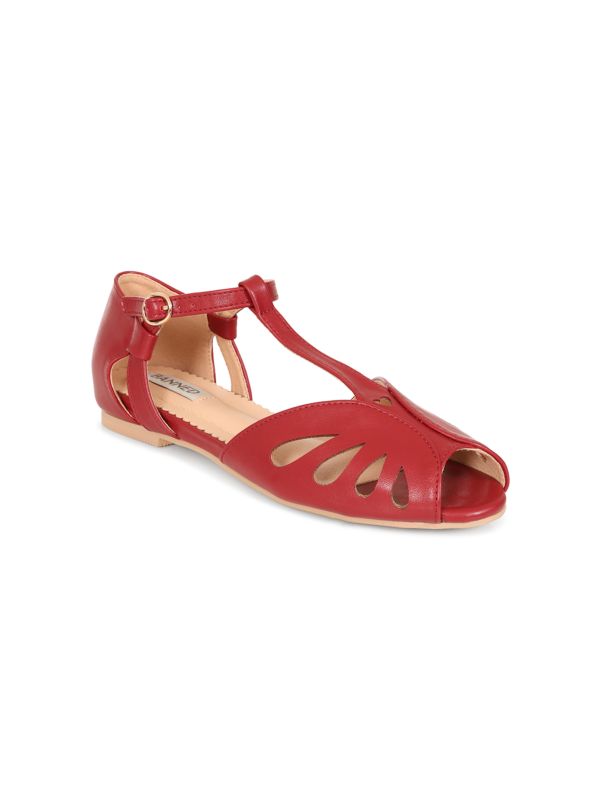 BANNED Retro Secret Love Dapper Sandals Vintage T-Bar Flats With Cut-Out Hearts In Vegan Faux Leather-Burgundy