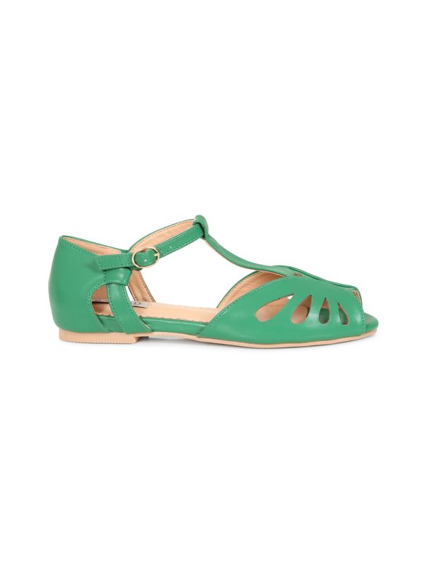 BANNED Retro Secret Love Dapper Sandals Vintage T-Bar Flats With Cut-Out Hearts In Vegan Faux Leather-Green