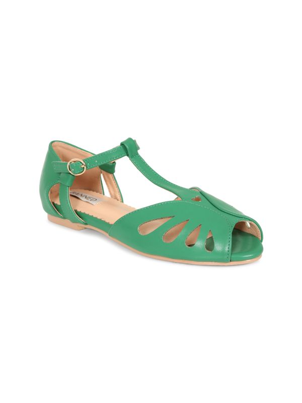 BANNED Retro Secret Love Dapper Sandals Vintage T-Bar Flats With Cut-Out Hearts In Vegan Faux Leather-Green