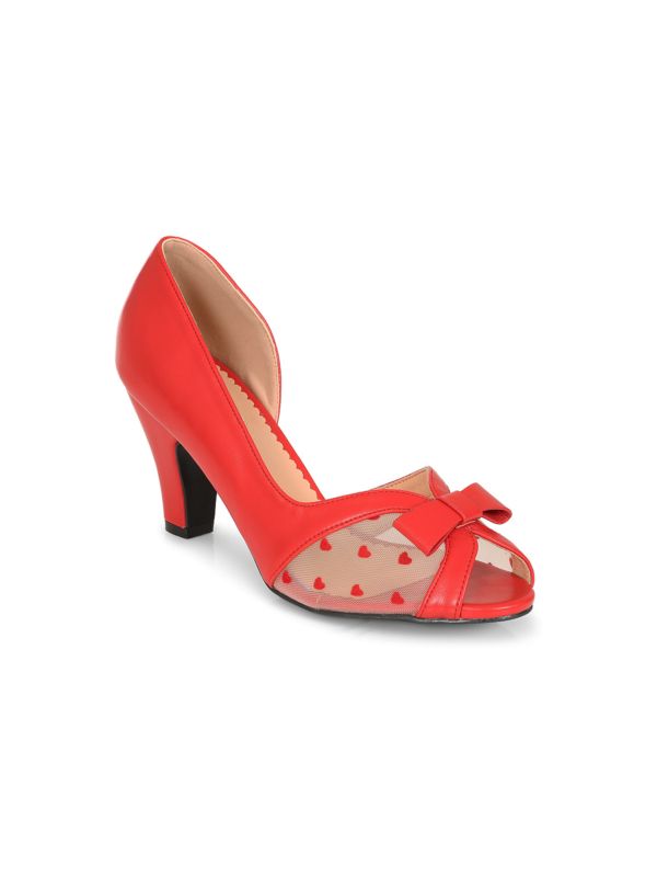BANNED RETRO Love From Kelly Lee Peep Toe Heels With Heart Mesh And Bow Detail-Red