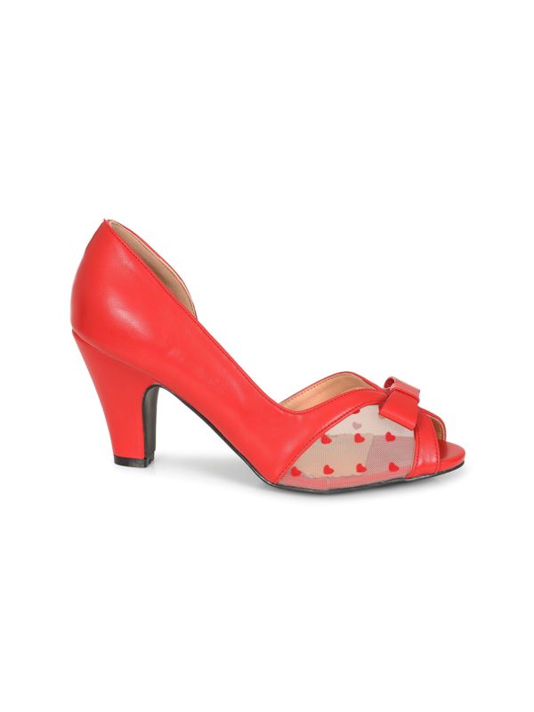 BANNED RETRO Love From Kelly Lee Peep Toe Heels With Heart Mesh And Bow Detail-Red