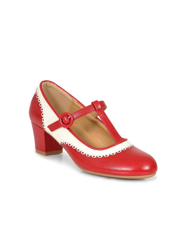 Vintage Voyager Banned Pumps - Retro-Inspired T-Strap Two-Tone Mary Janes With Distressed PU Upper-Red/White