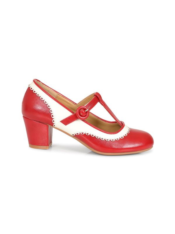 Vintage Voyager Banned Pumps - Retro-Inspired T-Strap Two-Tone Mary Janes With Distressed PU Upper-Red/White