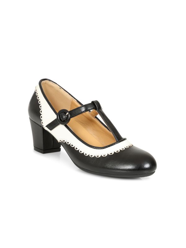 Vintage Voyager Banned Pumps - Retro-Inspired T-Strap Two-Tone Mary Janes With Distressed PU Upper-Black/White