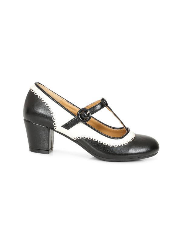 Vintage Voyager Banned Pumps - Retro-Inspired T-Strap Two-Tone Mary Janes With Distressed PU Upper-Black/White
