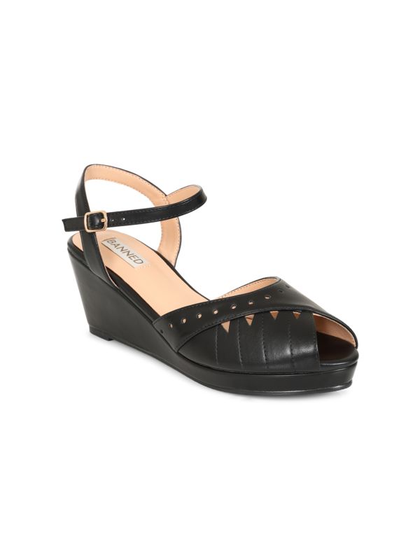 BANNED RETRO Sunny Daze Wedge 1940s-Inspired Cut-Out Peep Toe Sandals With Ankle Strap-Black