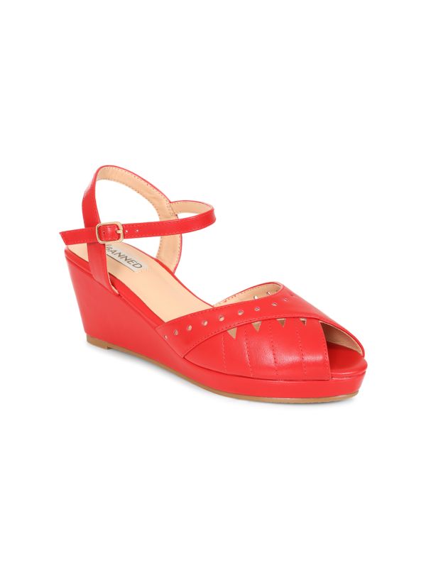 BANNED RETRO Sunny Daze Wedge 1940s-Inspired Cut-Out Peep Toe Sandals With Ankle Strap-Red