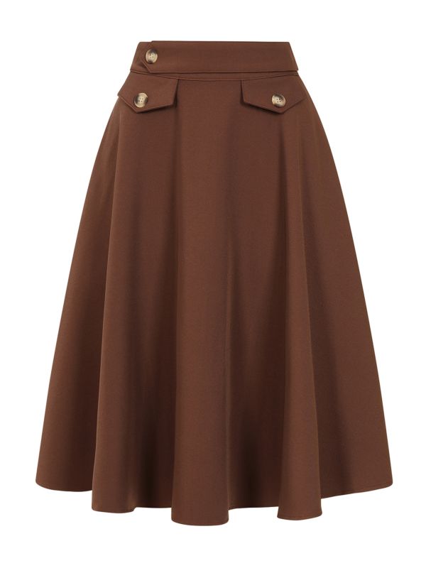 Banned Retro Book Club Swing Skirt with Button and faux flap pocket details-Brown