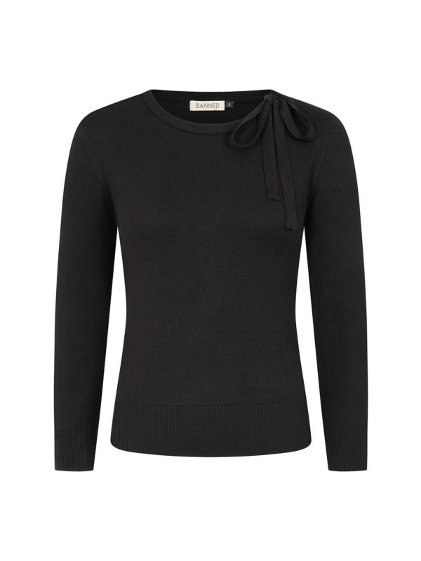 Banned Bella Bow Knit Jumper - 50s Style Keyhole Collar Sweater-Black