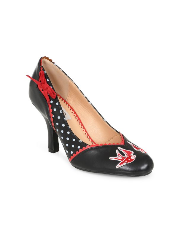 BANNED RETRO Viva Las Vegas Pumps Embroidered Rockabilly Heels With Swallow & Dice Detail-Black
