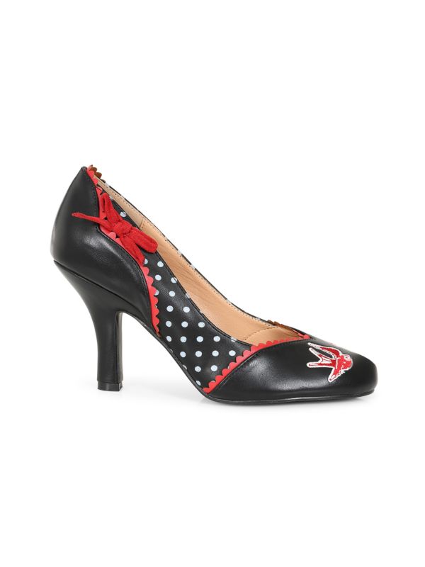 BANNED RETRO Viva Las Vegas Pumps Embroidered Rockabilly Heels With Swallow & Dice Detail-Black