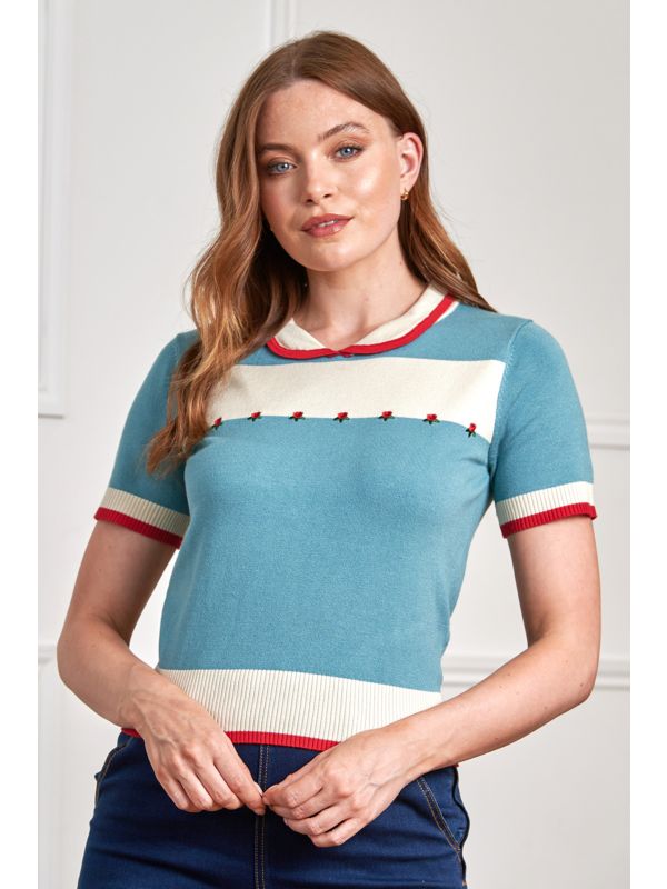 Banned Rockabilly Lily Rose Embroidered Knitted Jumper-Blue