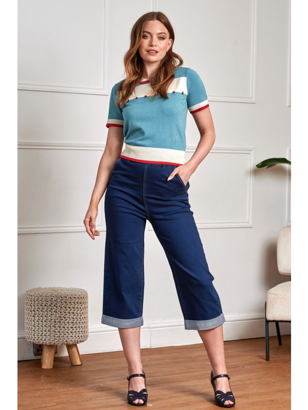 Banned Rockabilly Lily Rose Embroidered Knitted Jumper-Blue