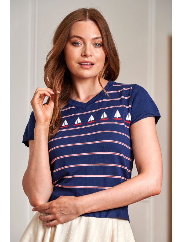Banned Rockabilly Marine Molly Knitted Jumper-Navy/Red