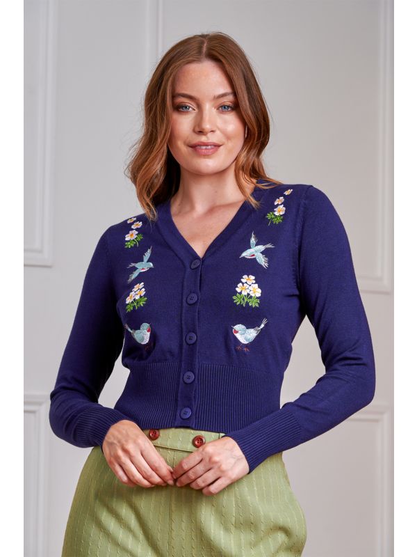 Banned Retro 50s Nara Birds And Flowers Cardigan-Navy