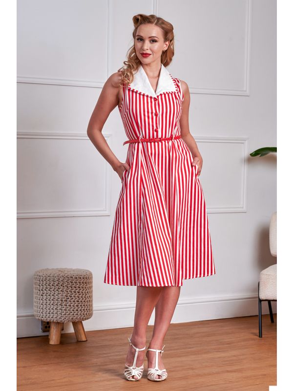 Banned Retro 50s Genevieve Swing Striped Dress-Red