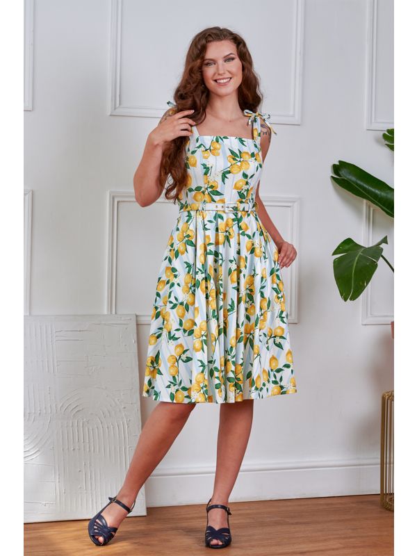 Banned Retro June Lemon And Stripes Swing Dress-Cream
