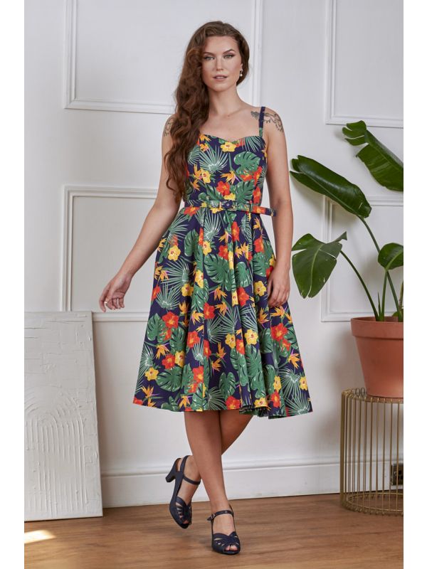 Banned Retro 50s Morena Tropical Summer Sarong Swing Dress-Navy
