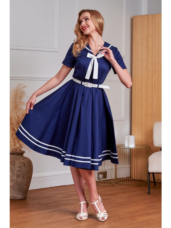 Banned Retro 50s Ambra Nautical Swing Dress-Navy