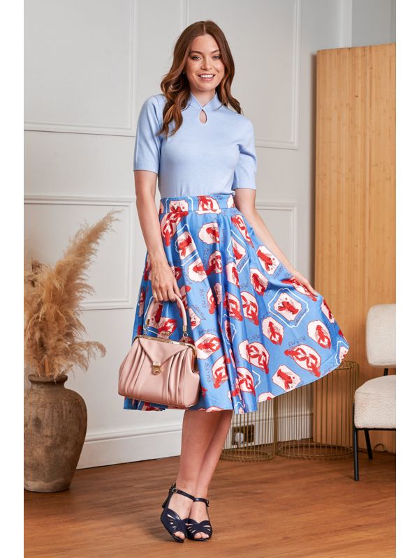 1950's Banned Retro Cary Lobster Love Skirt-Blue