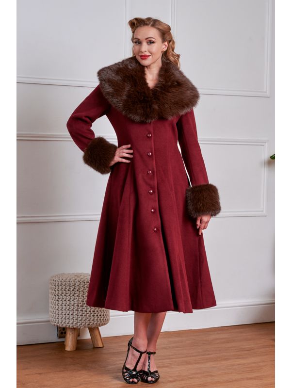 Banned Martha Fur Trim Swing Coat - 50s Style Faux Fur Collar Coat-Burgundy