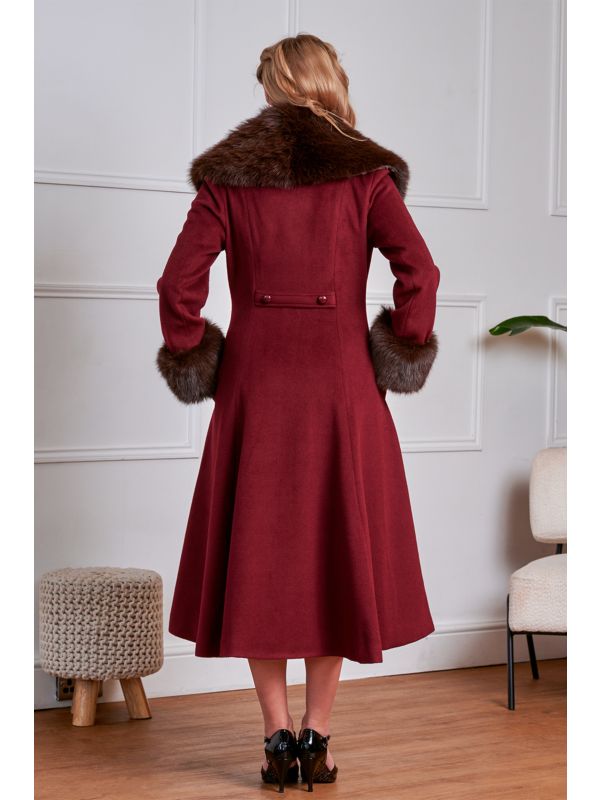 Banned Martha Fur Trim Swing Coat - 50s Style Faux Fur Collar Coat-Burgundy