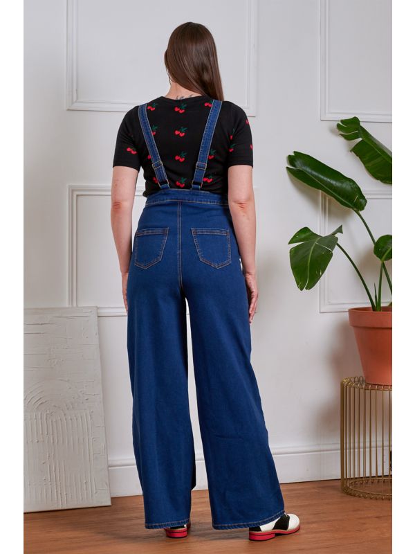 Banned Tamara Palazzo Dungarees - 40s Style Wide Leg Denim Overalls-Denim/Blue