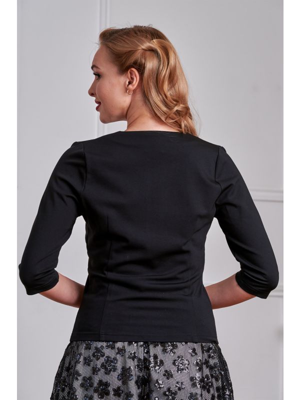 Banned Gilda Jersey Top - 50s Style Gathered Shoulder V-Neck-Black