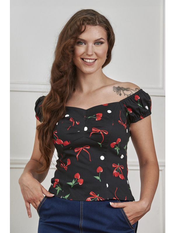 Banned Retro 50s Babe Cherries And Bows Top-Black